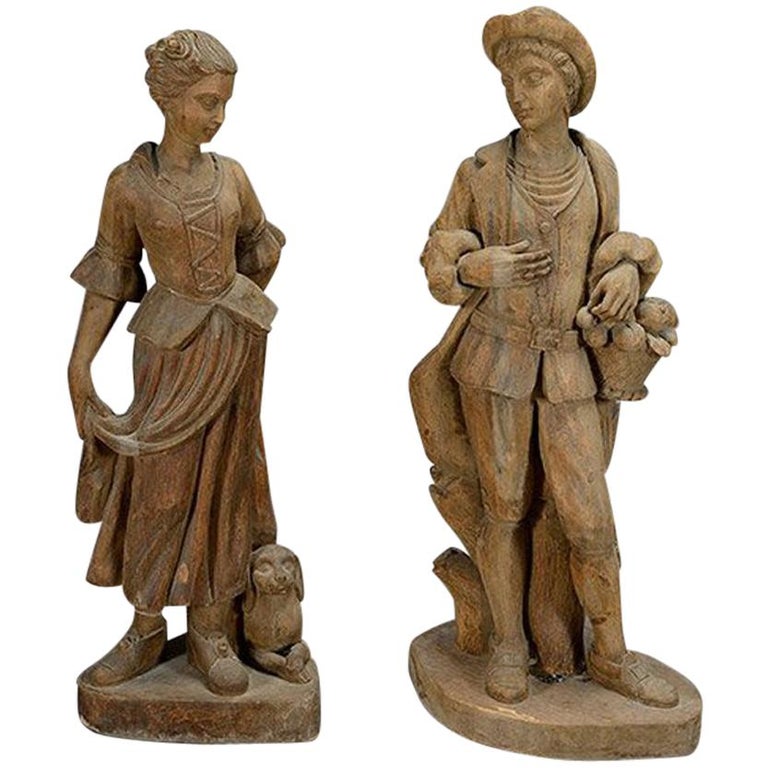 Pair of Italian Carved Wood Figures, 19th Century For Sale at 1stDibs
