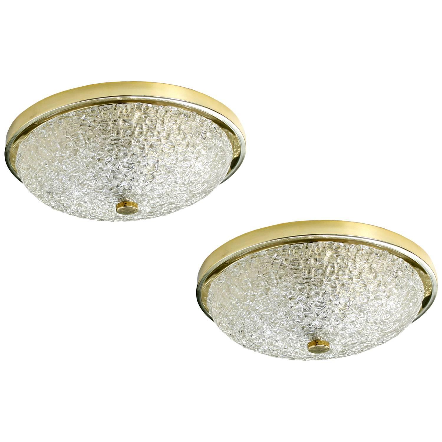 Pair of 1970s Brass and Glass Flush Mount Ceiling or Wall Lamps, Mid-Century For Sale