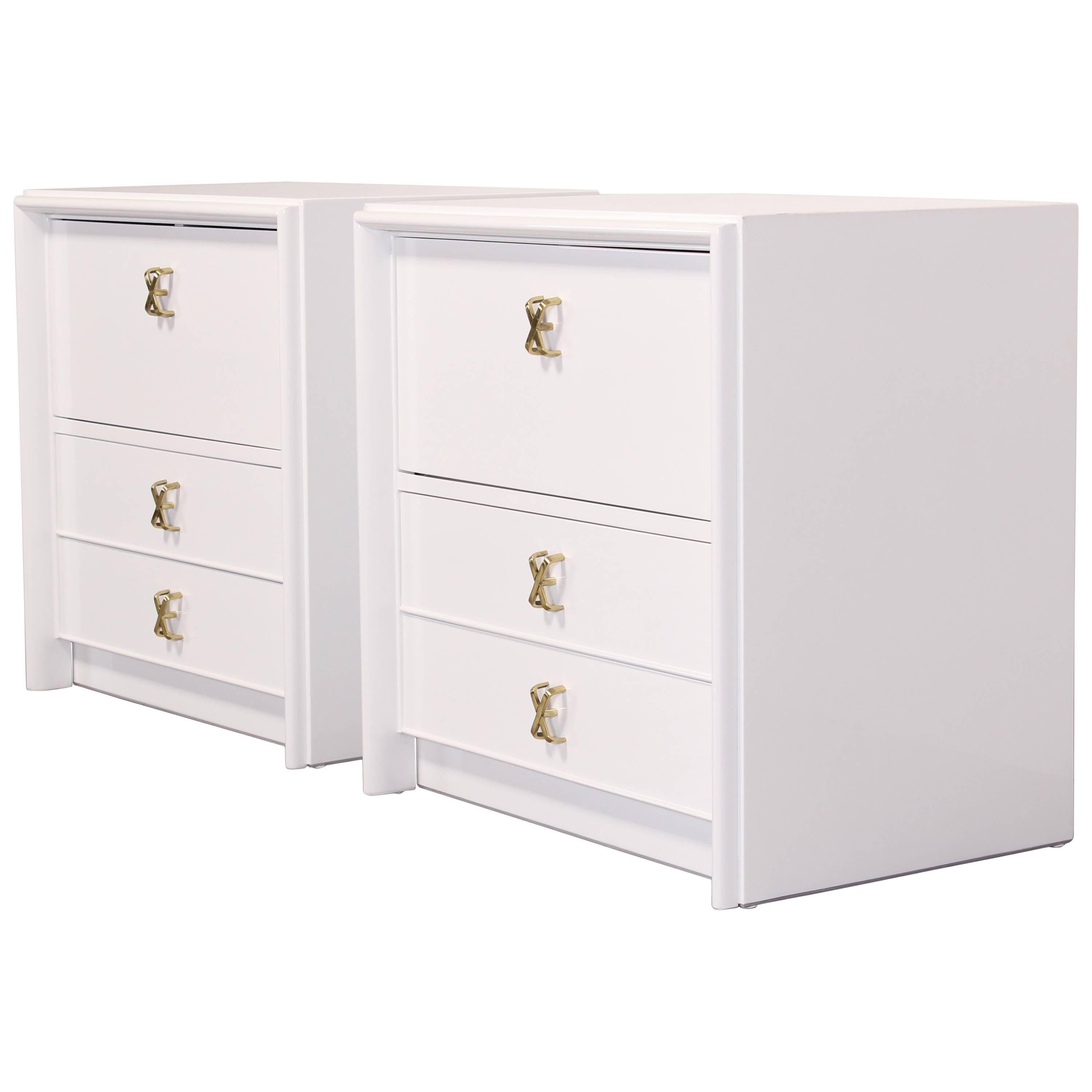 Pair of Nightstands with Brass X-Pulls by Paul Frankl for Johnson Furniture Co.