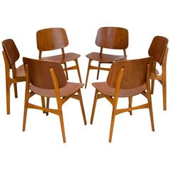 Set of Six Bent Ply Teak and Oak Chairs by Børge Mogensen