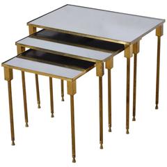 French Brass Nesting Tables, Mirror Glass Tops, 1950s