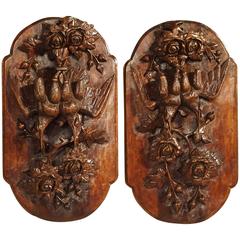 Pair of Antique French Walnut Wood Hunt Plaques, circa 1910