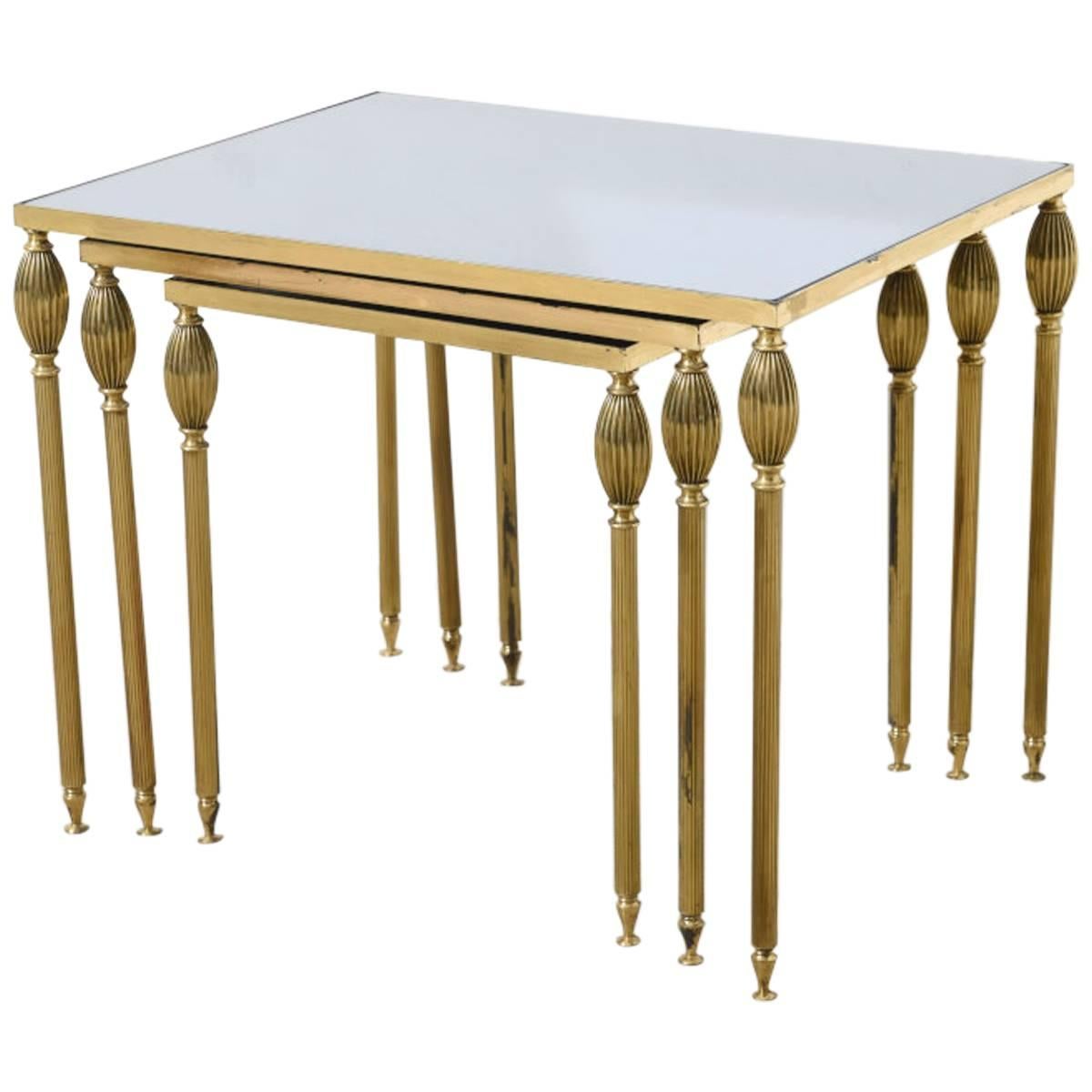 1970s Maison Jansen Style Brass and Mirror-Glass Nesting Tables