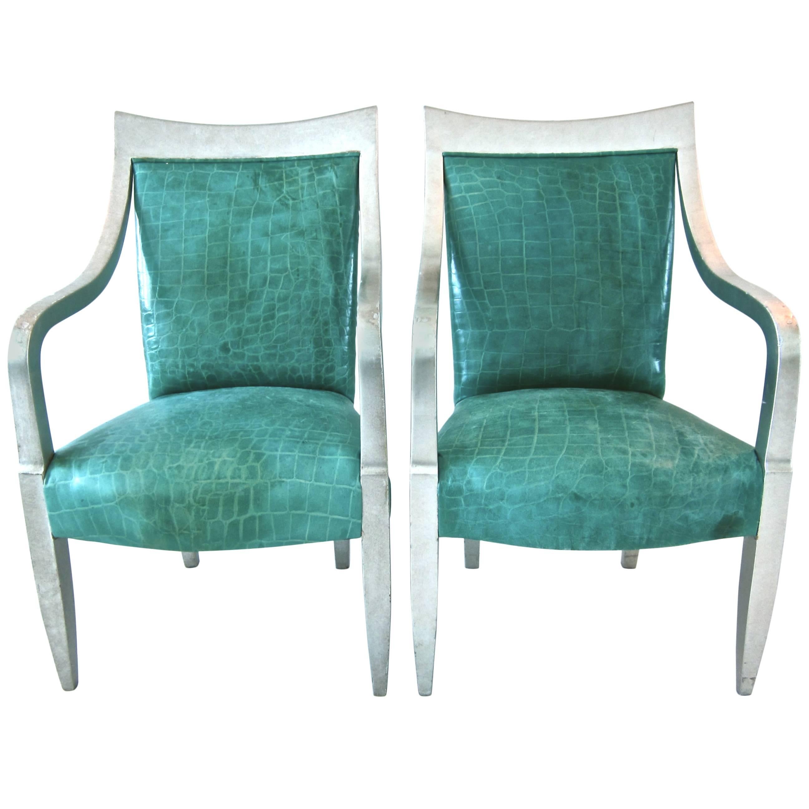 Pair of Donghia Silver Leaf and Crocodile Embossed Leather Armchairs For Sale