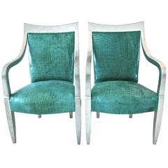 Pair of Donghia Silver Leaf and Crocodile Embossed Leather Armchairs