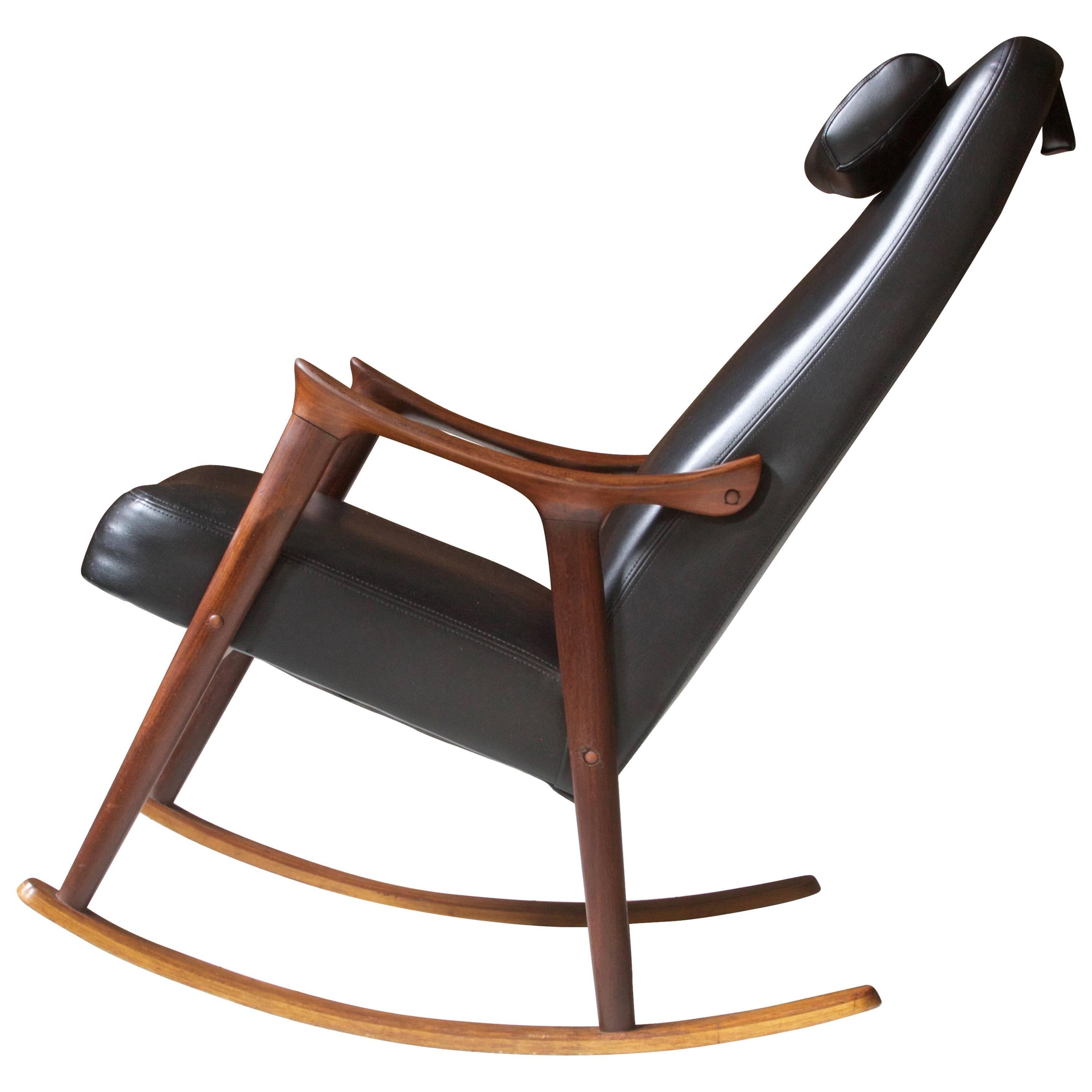 Ingmar Relling for Westnofa Sculpted Teak and Black Vinyl Rocking Chair