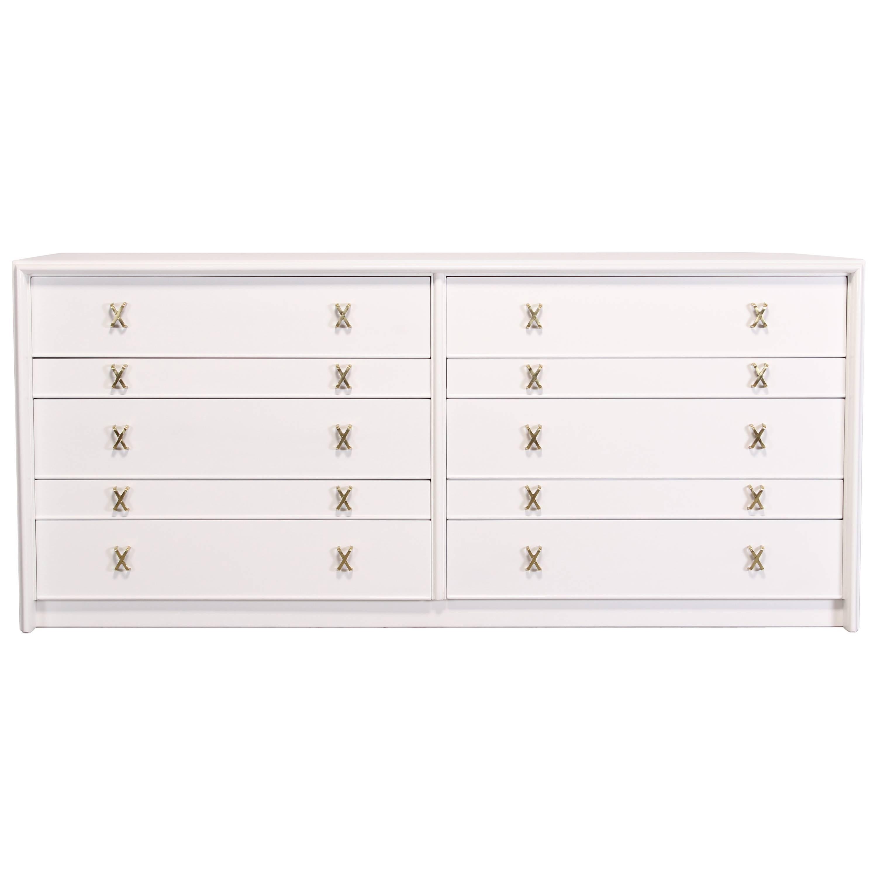 Ten-Drawer Dresser with Brass X Pulls by Paul Frankl for Johnson Furniture Co.