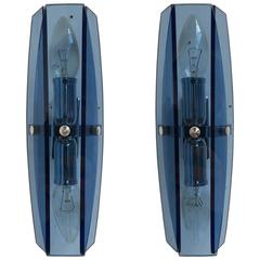 Pair of Italian Blue Glass and Chrome Fontana Arte Style Wall Sconces, 1980s 5