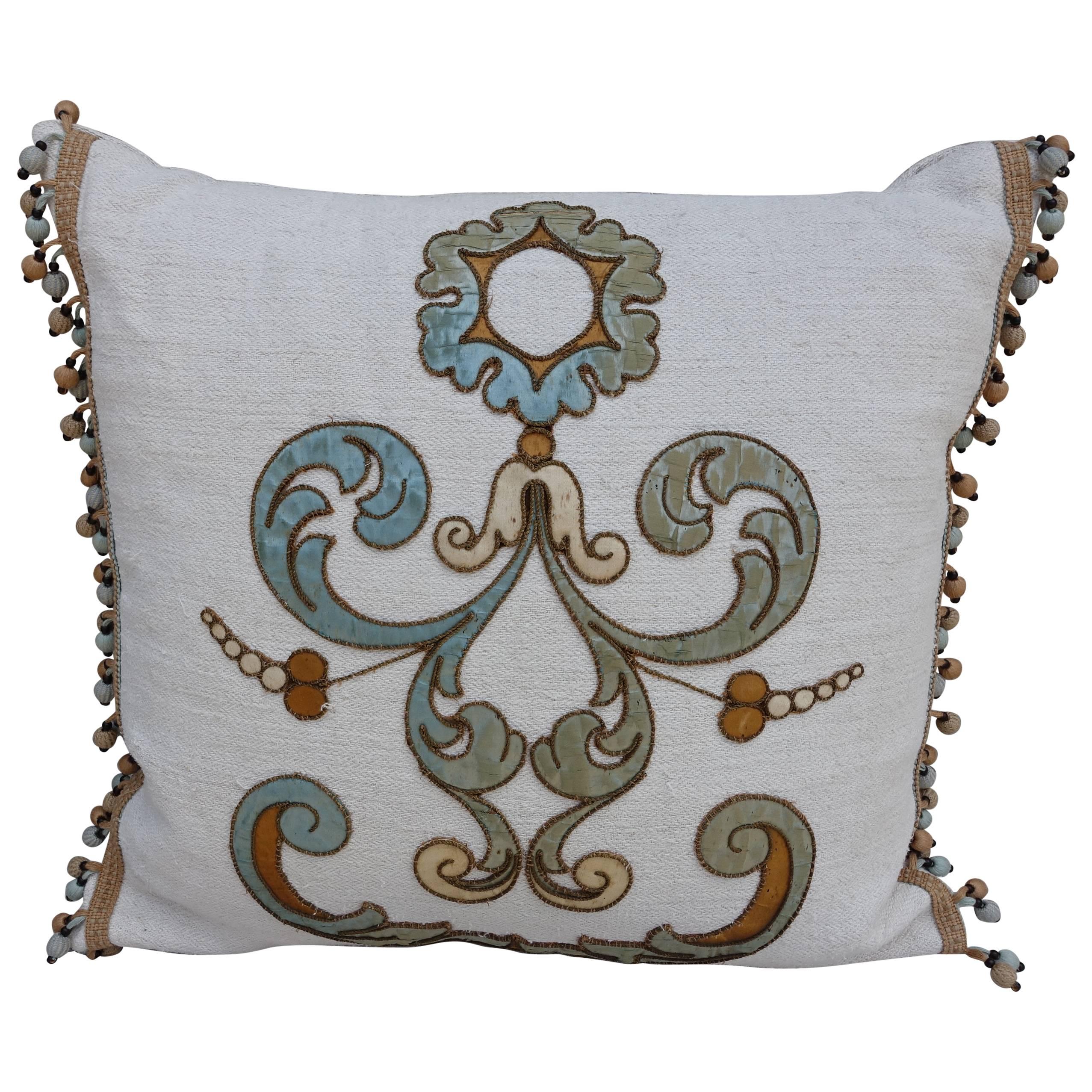 Italian Appliqued Linen Pillow with Fringe