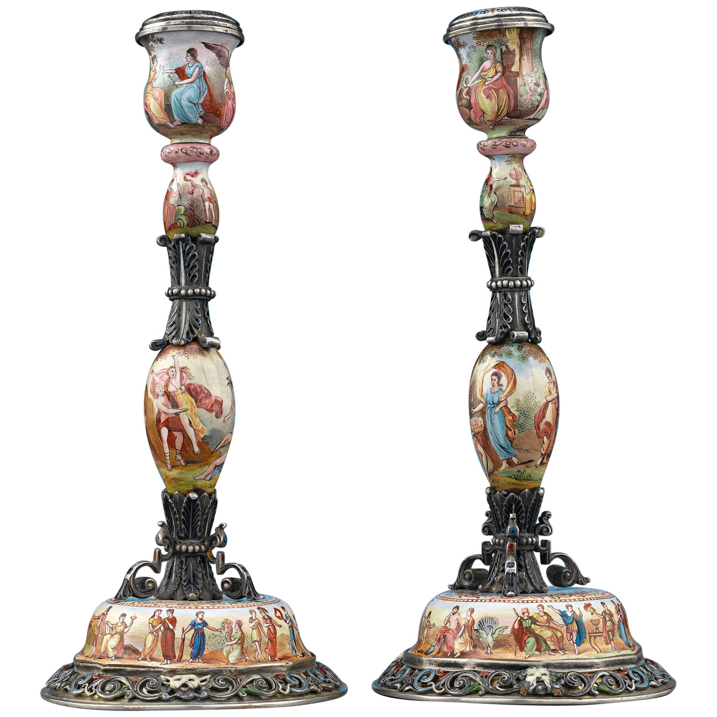 19th Century Viennese Enamel Candlesticks For Sale