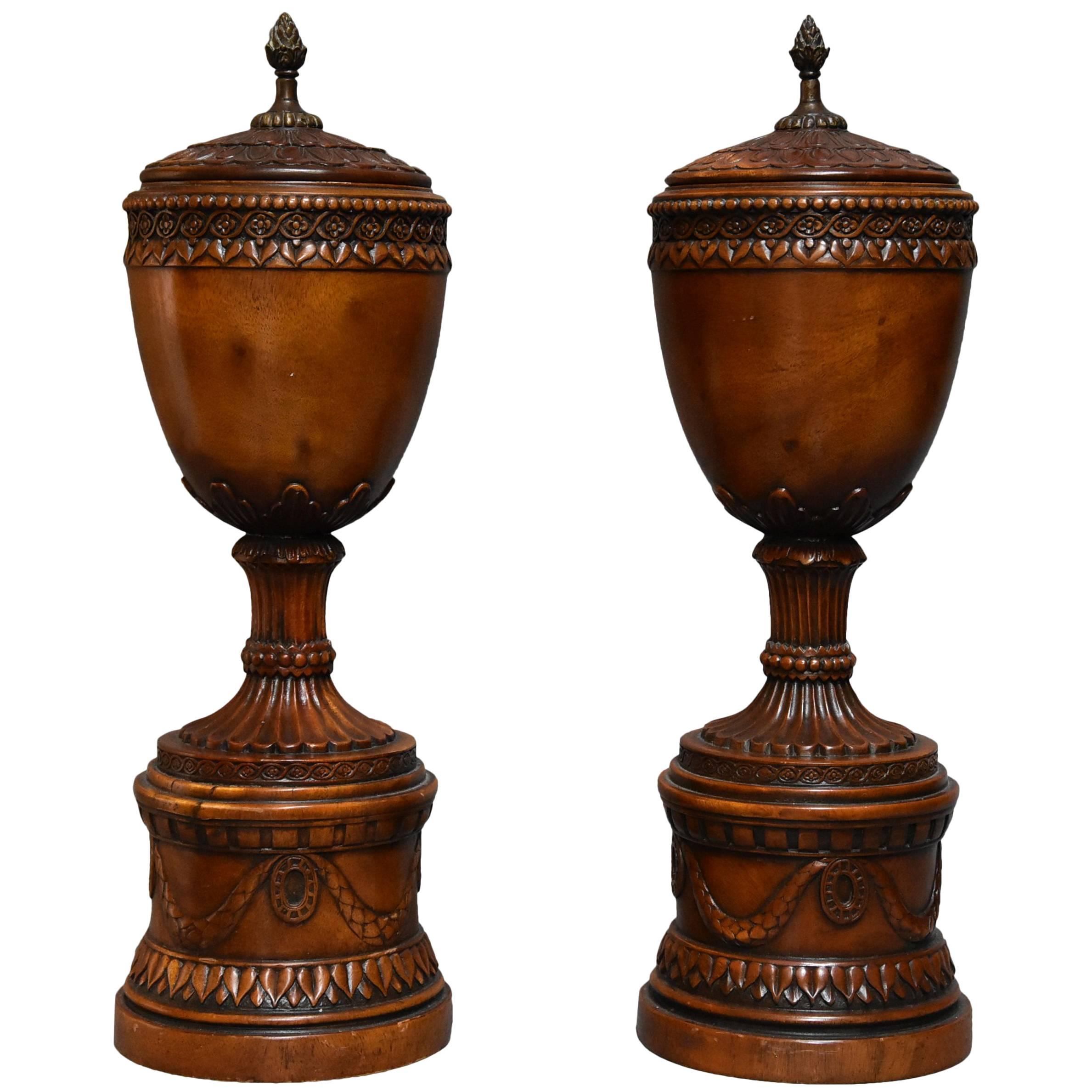 Pair of Early 20th Century Decorative Wooden Urns with Lids