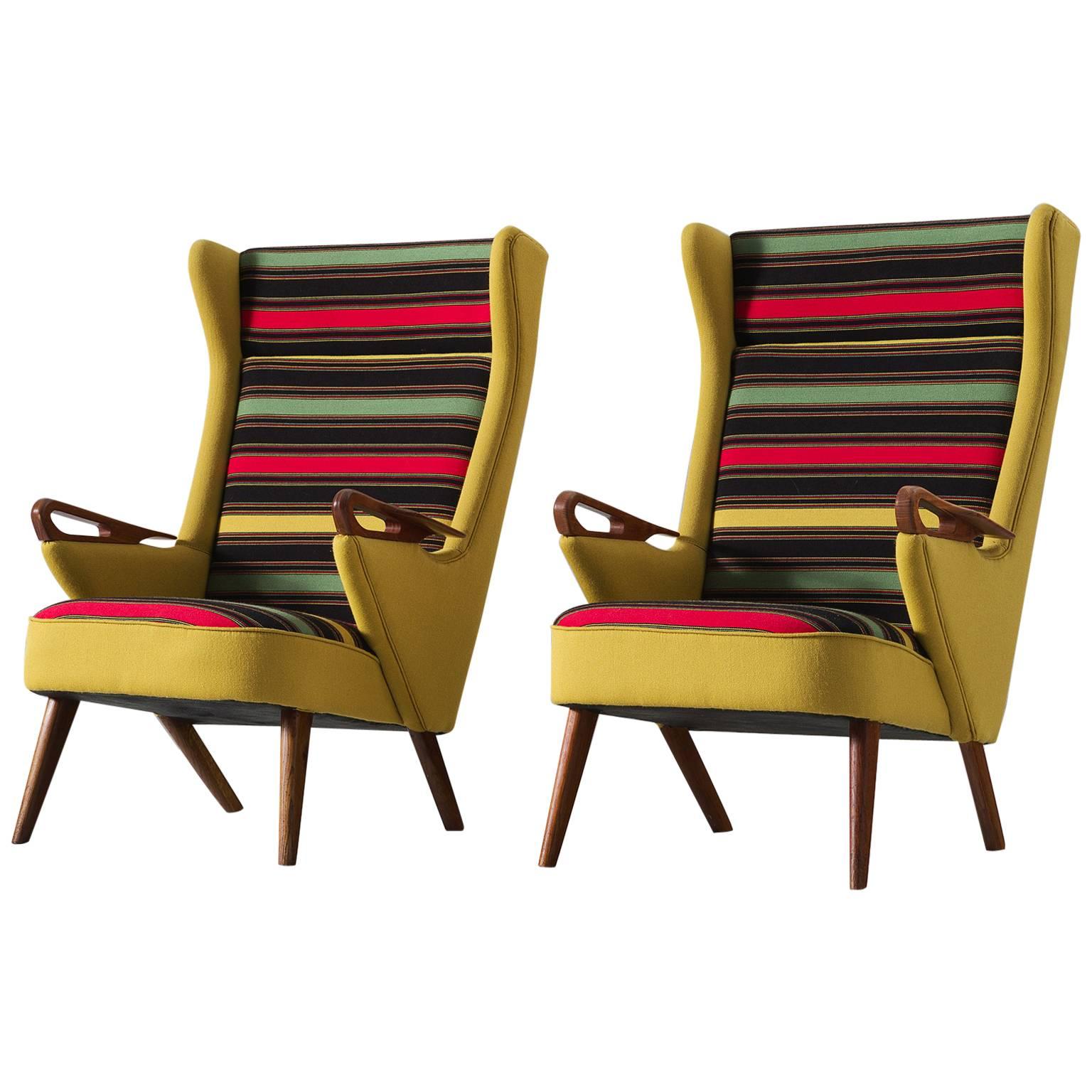 Colorful Pair of Danish Reupholstered Highback Chairs