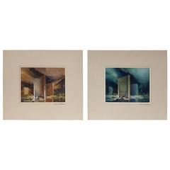 1960s Architectural Watercolor by California Artist Roy Mercer