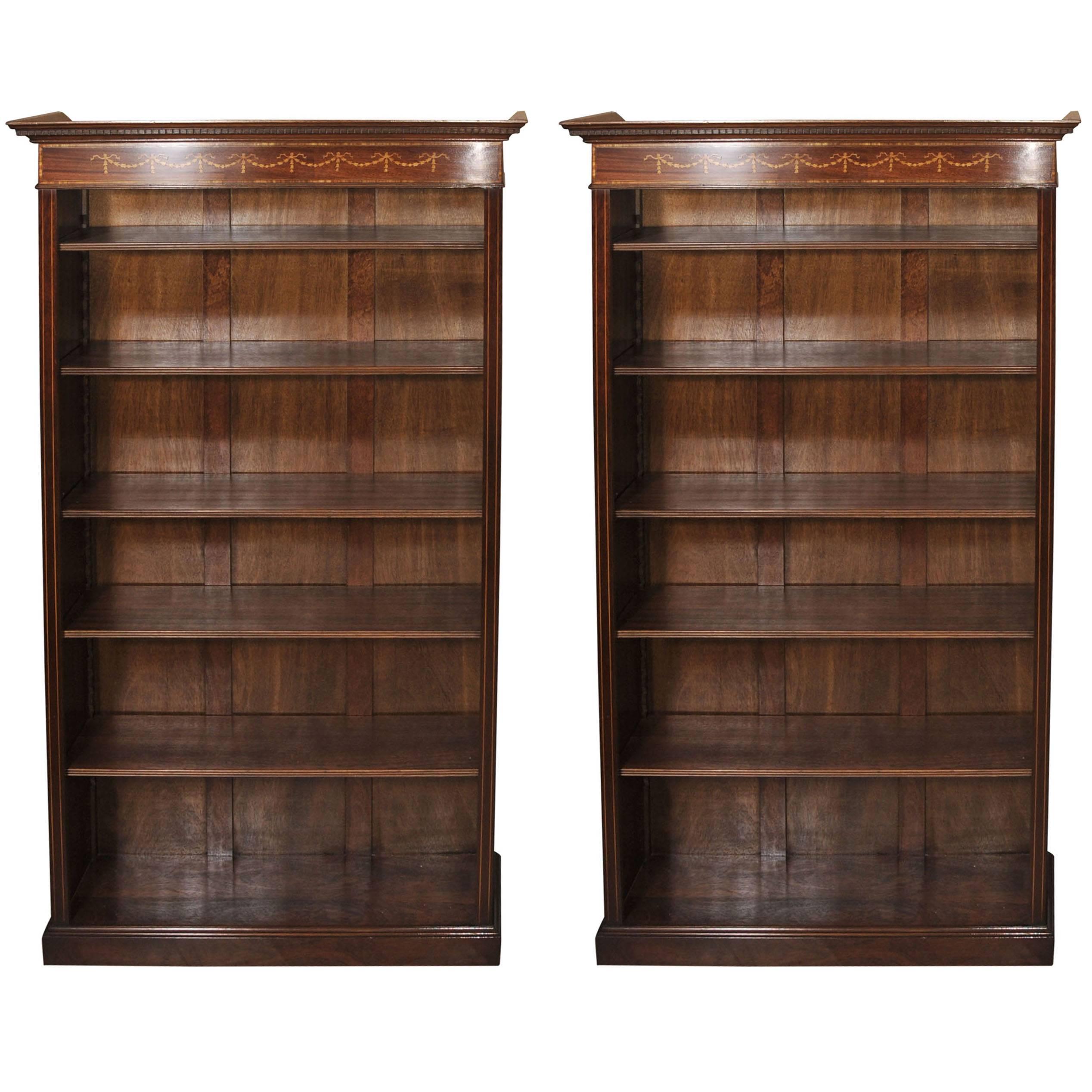 Pair of English Sheraton Style Mahogany Open Front Bookcases For Sale