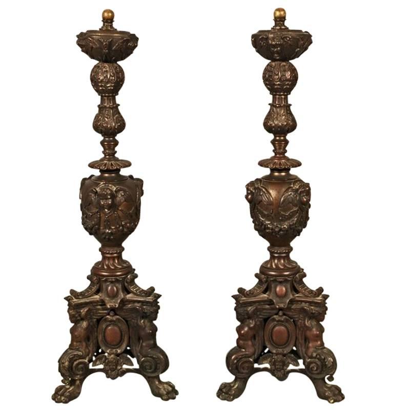 Pair Italian Renaissance Style Bronze Andirons, 19th Century