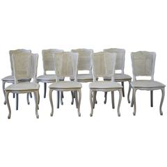 Set of Eight Painted Vintage French Cane Back Dining Chairs