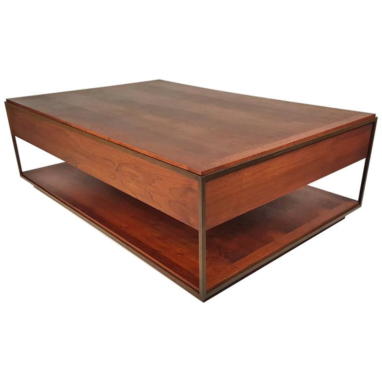 1960s Custom Rectangular Travertine And Mahogany Cocktail Table For Custom 1960s Architectural Bronze And Oiled Walnut Cocktail Table