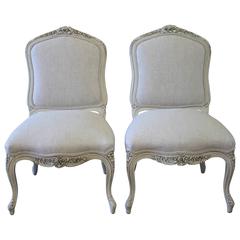 Pair of Painted French Rose Carved Side Chairs in the Louis XV Style