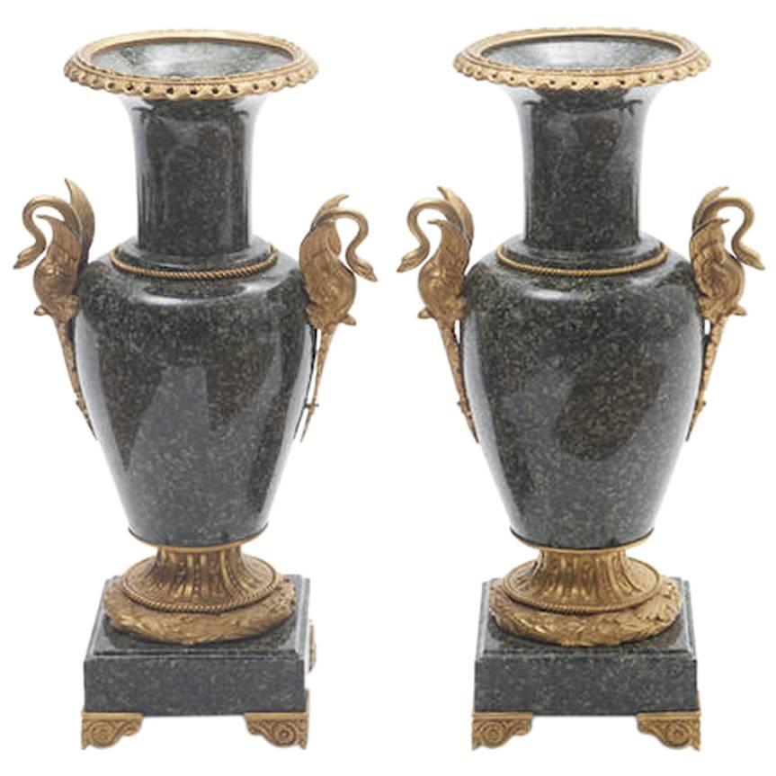 Pair of French Gilt Bronze-Mounted Marble Urns