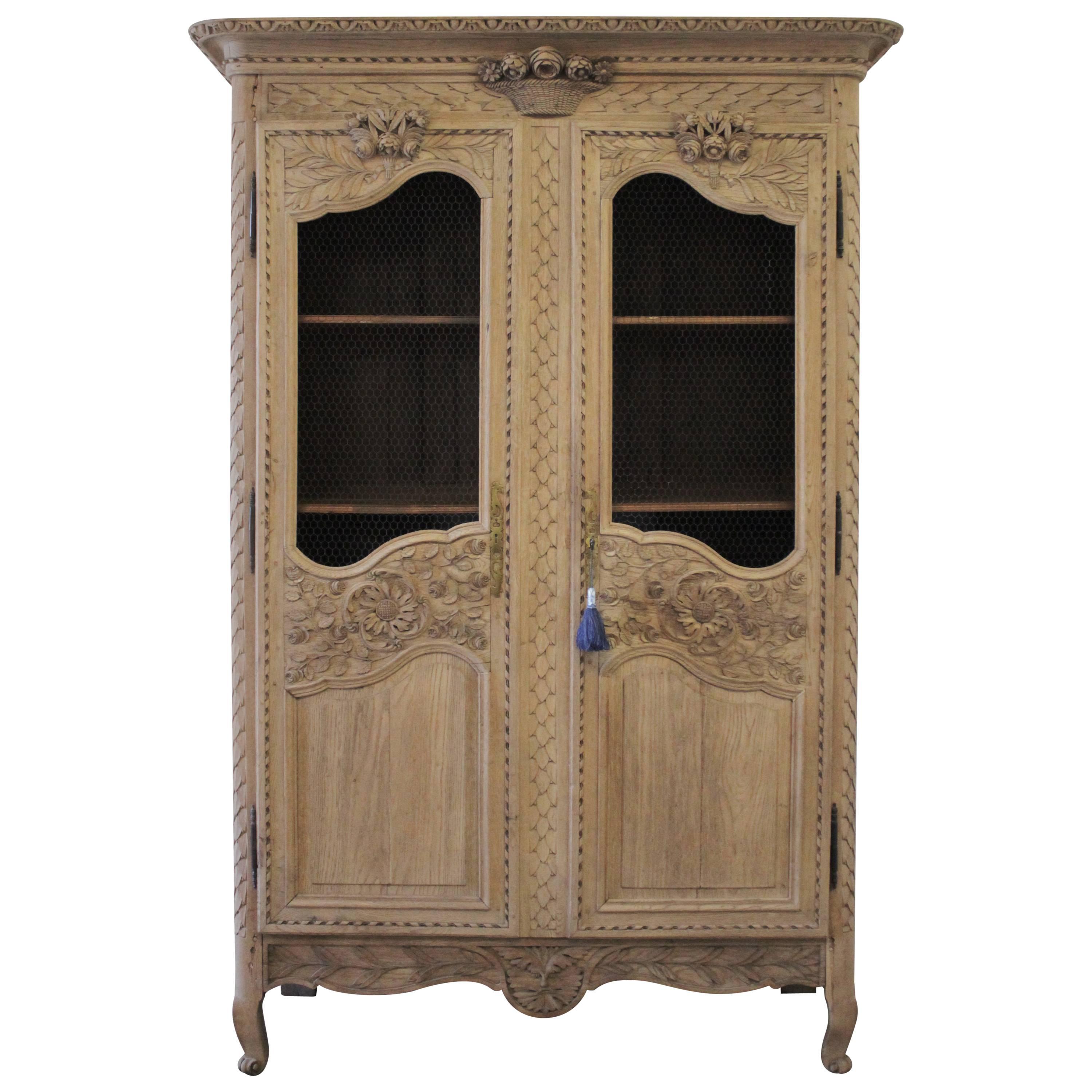 19th Century French Armoire Cupboard with Carved Roses