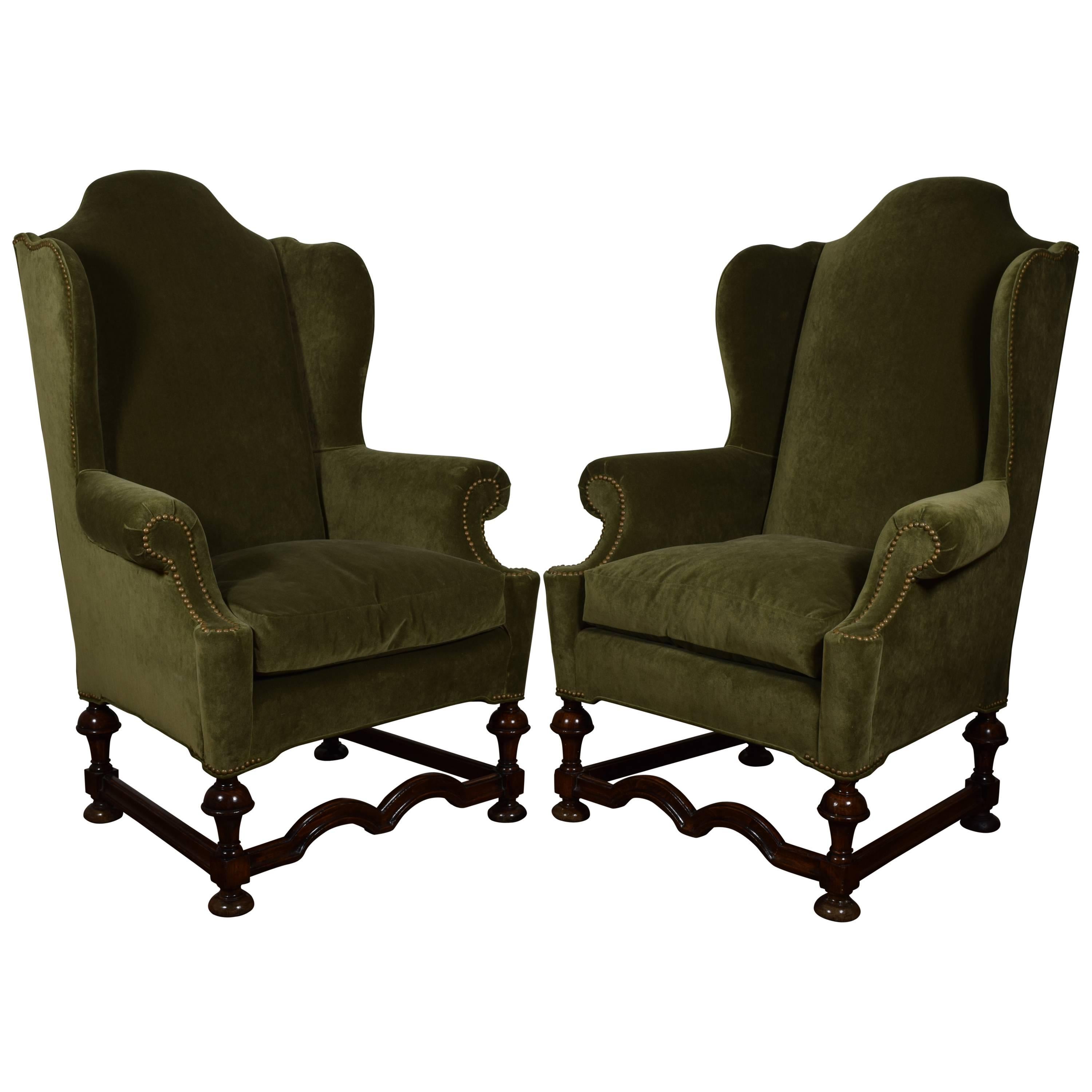 Pair of William & Mary Style Carved Wood & Upholstered Wing Chairs, 19th Century