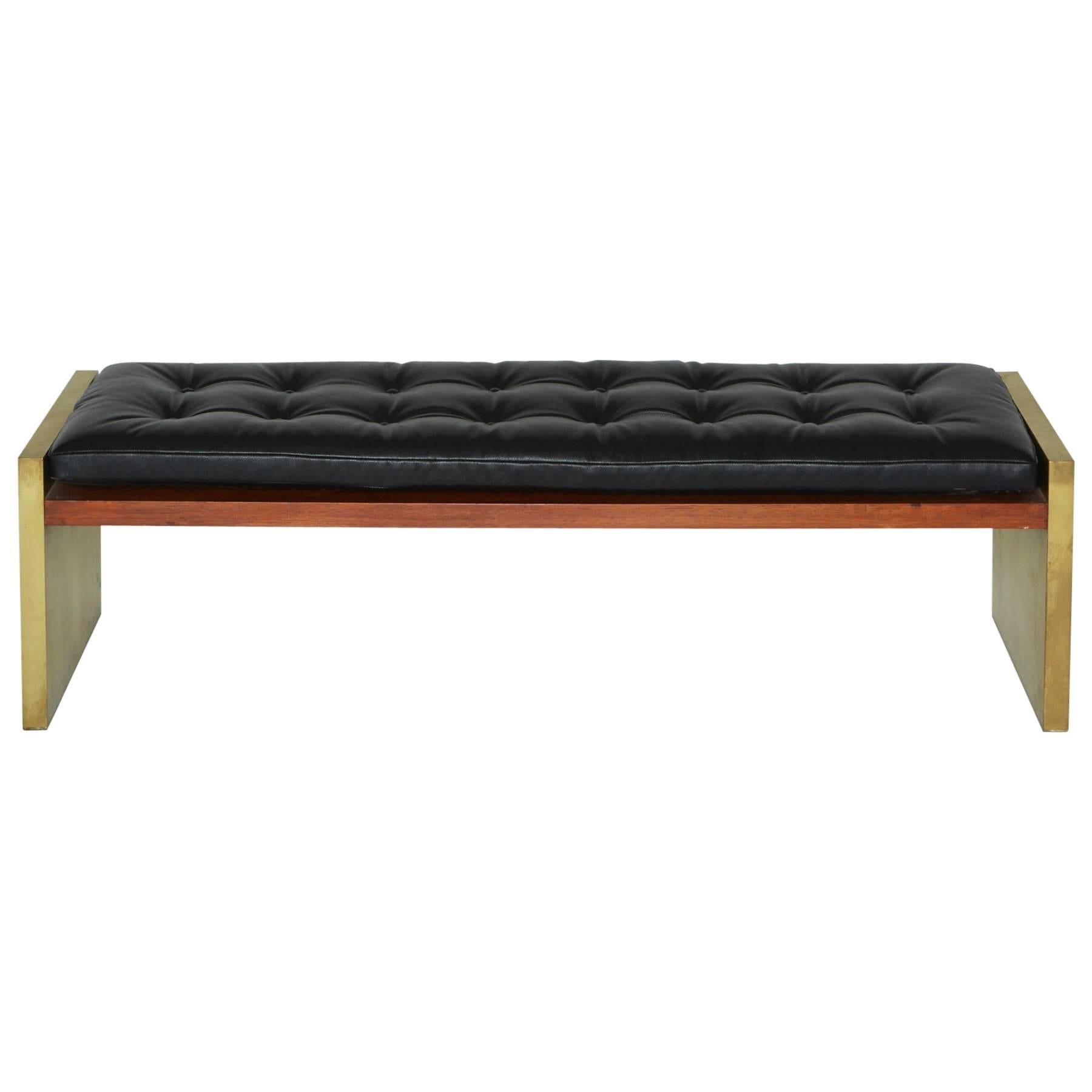 Rare Brass, Leather and Rosewood Bench by Roger Sprunger for Dunbar