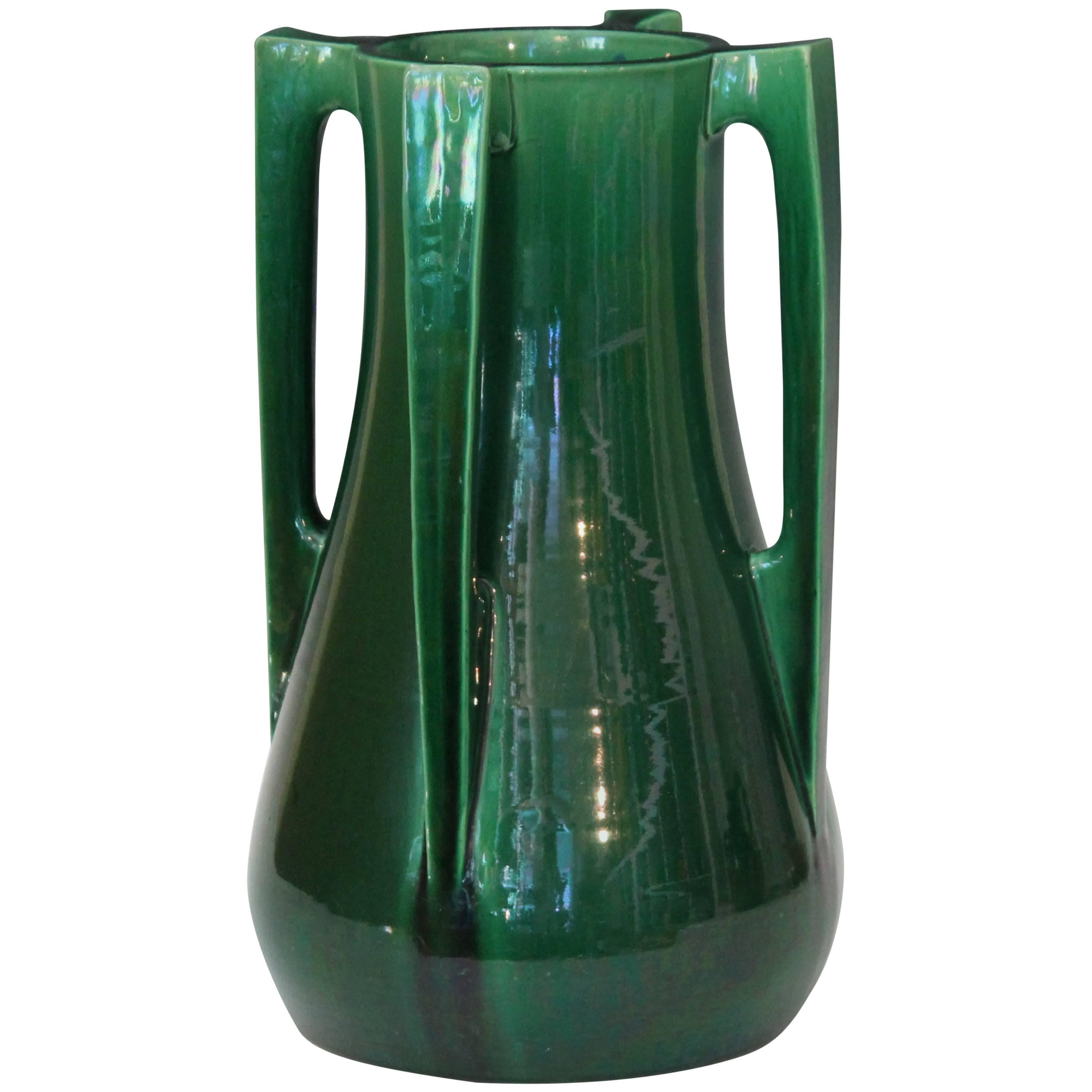 Large Awaji Pottery Architectural Vase with Four Buttress Handles