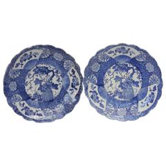 Pair Antique Japanese Porcelain Blue & White Transfer Foliated Chargers