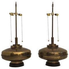 Pair of Giant Brass Lamps in Antiqued Bronze Finish