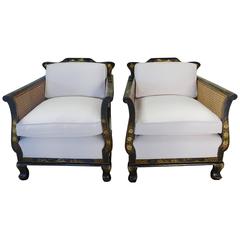 Pair of English Chinoiserie Painted and Cane Armchairs