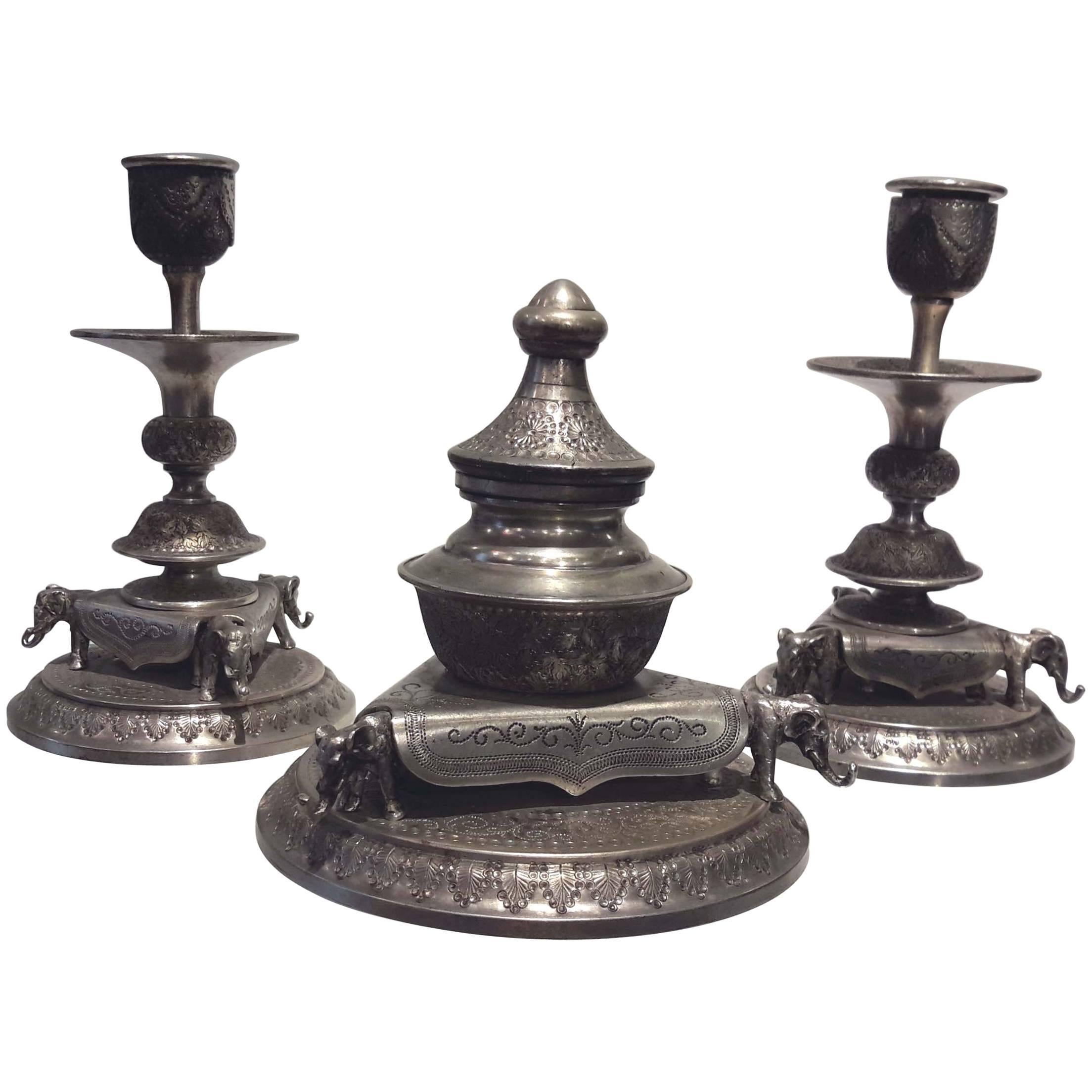 Rare 19th Century Austrian Silvered Bronze Inkwell and Candlestick Set