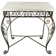 19th Century French Wrought Iron Marble-Topped Console Table Antique 19th Century French Wrought Iron Marble-Topped Console Table