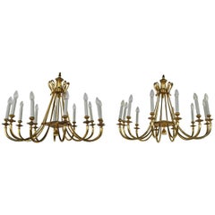 Pair of Italian Designed Chandeliers in Brass, Style of Gio Ponti, circa 1950