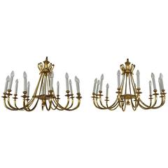 Pair of Italian Designed Chandeliers in Brass, Style of Gio Ponti, circa 1950 11