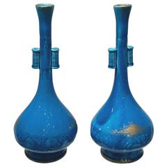 Theodore Deck Attributed Pair of 19th Century Turquoise Chinoiserie Arrow Vases