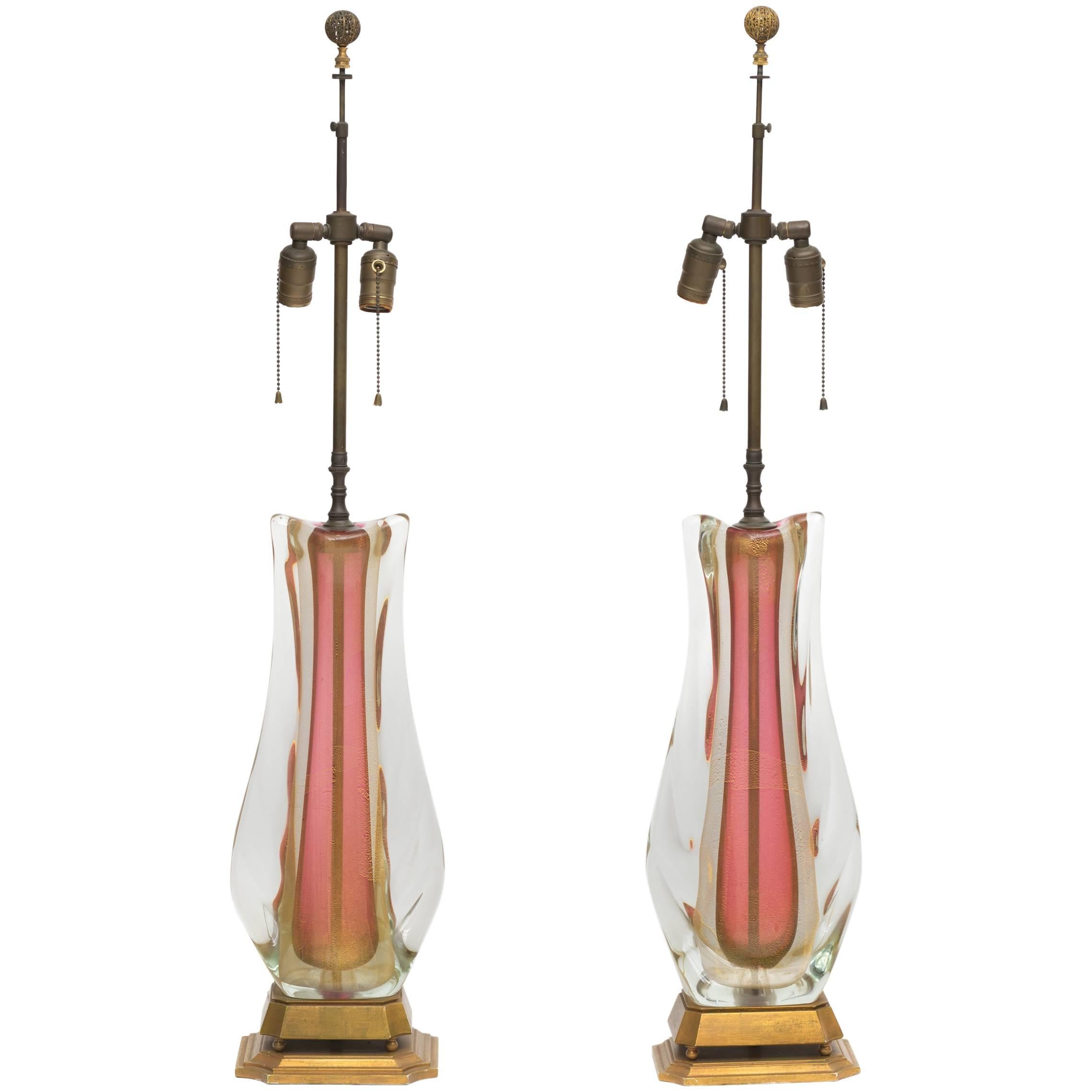 Large Pair of Vintage Italian Murano Sommerso Glass Lamps For Sale