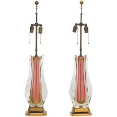 Large Pair of Vintage Italian Murano Sommerso Glass Lamps 12