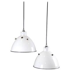 Pair of Large White Industrial Pendants Lights