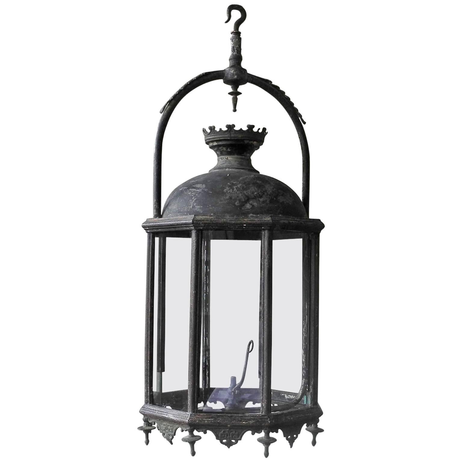 Antique Iron and Bronze French Carriage Entrance Lantern with Glass