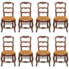 Set of Eight Antique French Walnut Provincial Dining Chairs