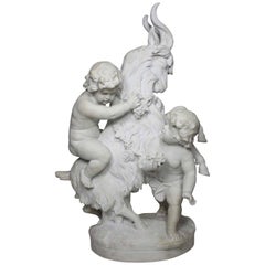 Charming Italian 19th Century Carved Marble Group "Playful Putti with Goat"