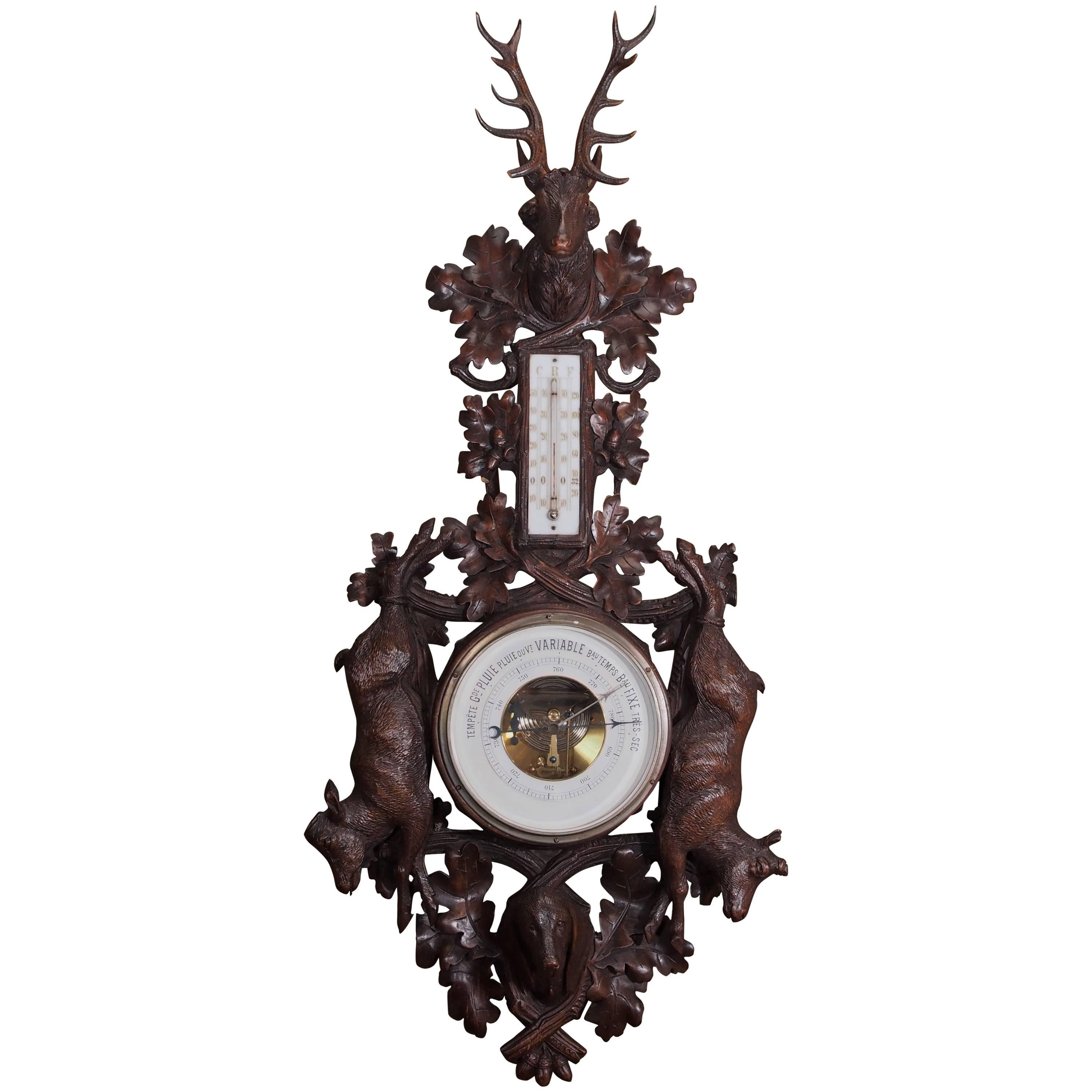 Antique Black Forest Carved Walnut Barometer, circa 1880
