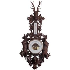 Antique Black Forest Carved Walnut Barometer, circa 1880
