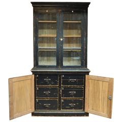 French Pine Black Painted Bookcase and Drawer Cabinet, 1920s