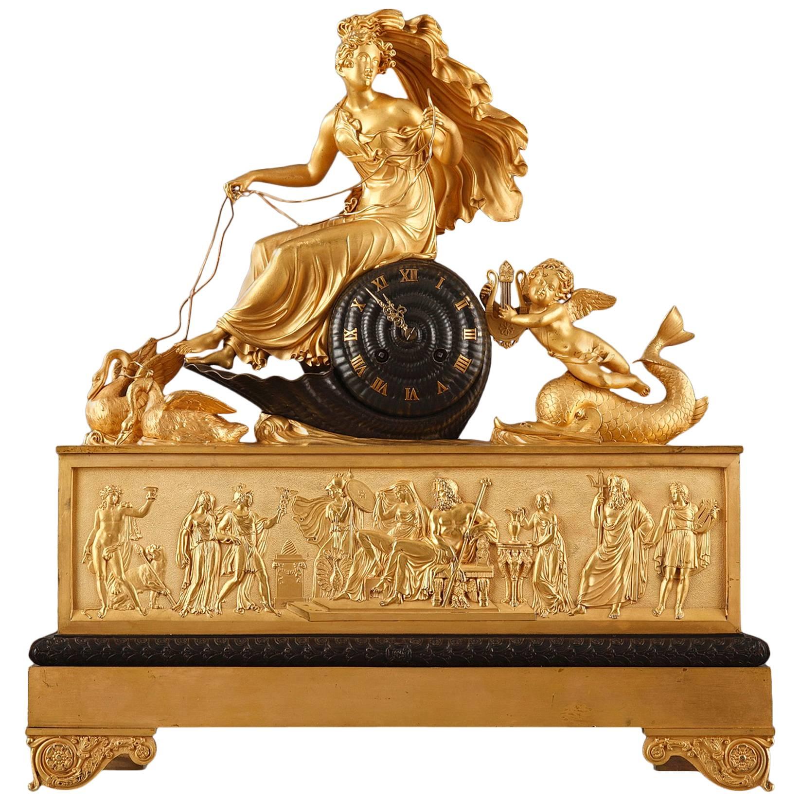 Restauration Gilt and Patinated Bronze Clock Featuring Hippolytus' Chariot
