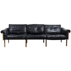 Yrjö Kukkapuro, Three-Seat "Ateljee" Black Leather and Oak Sofa