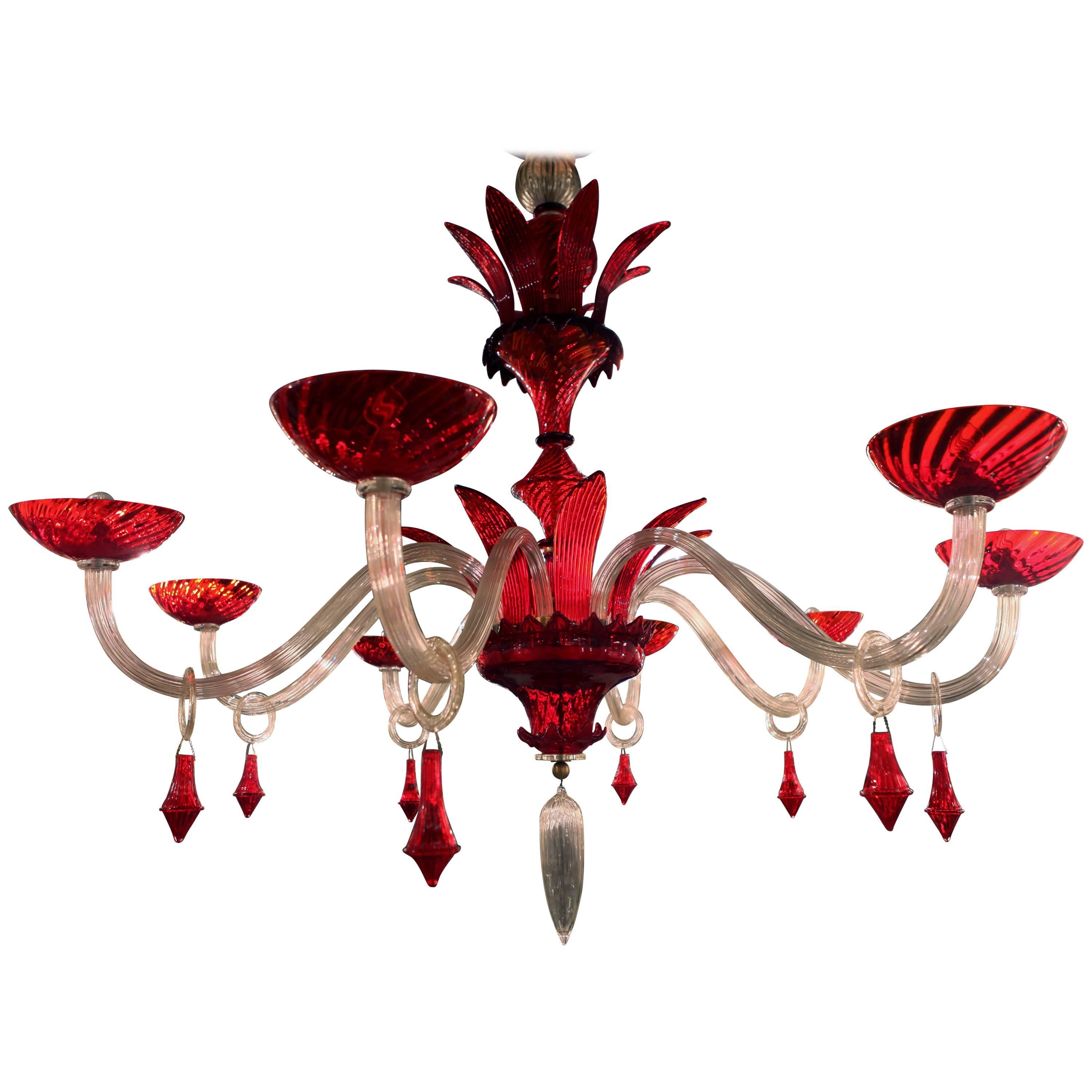 Italian Large Red and Clear Murano Glass Chandelier by Gino Cenedese, 1950