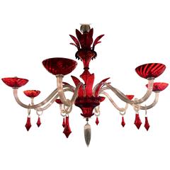 Italian Large Red and Clear Murano Glass Chandelier by Gino Cenedese, 1950