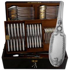 Puiforcat French Sterling Silver 18k Gold Flatware Set of 90 Pieces, Chest, Swan 