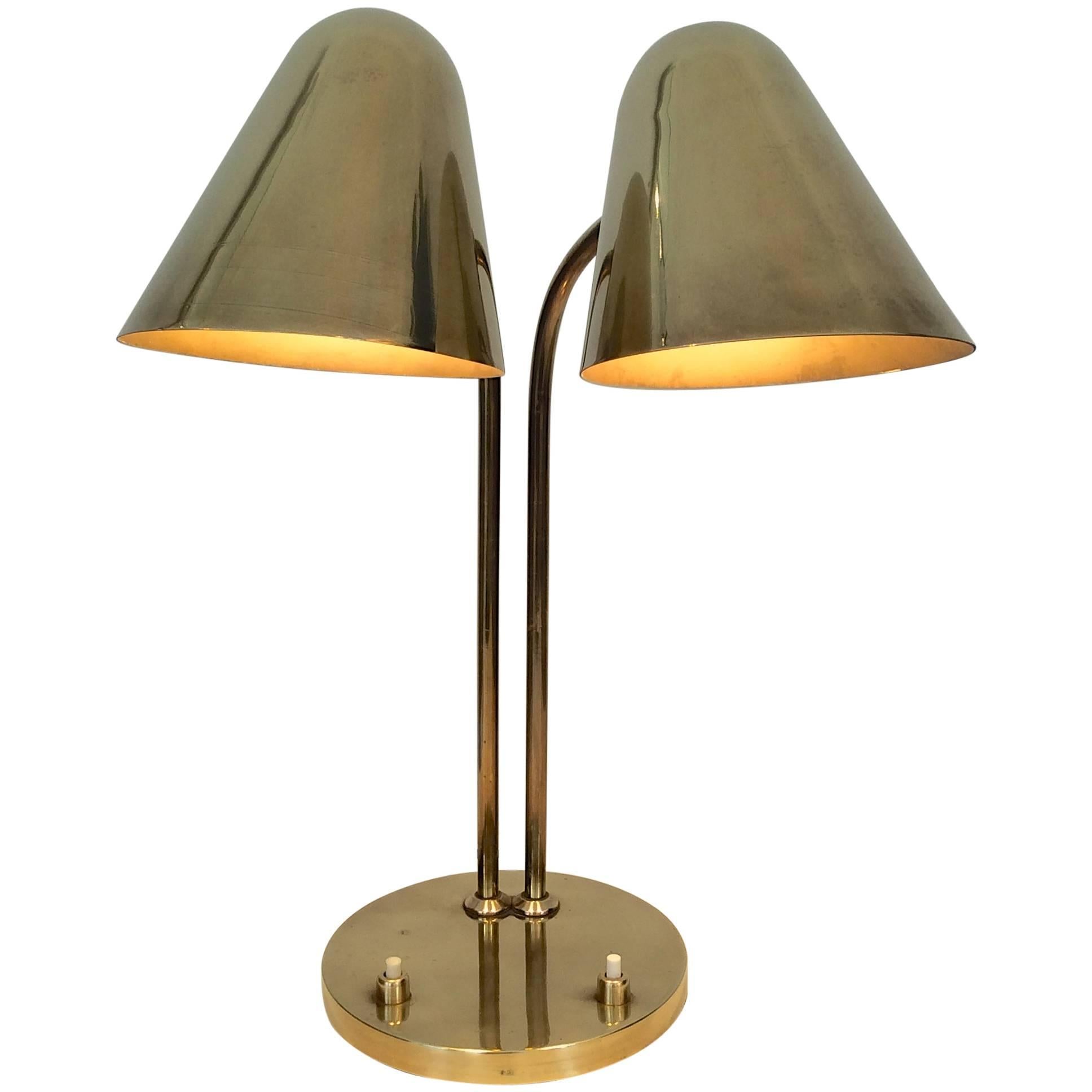 Rare Double Shaded Brass Table Lamp, Jacques Biny, 1950s, France